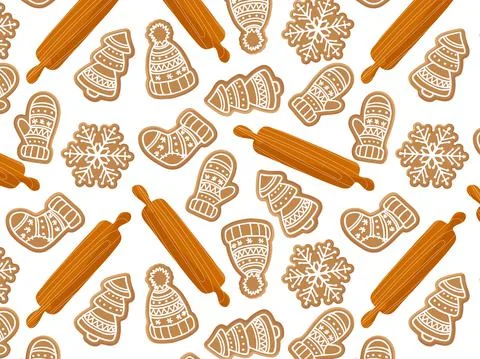 Seamless pattern with gingerbread cookies and rolling pin. Traditional Christmas Stock Illustration