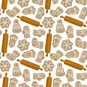 Seamless pattern with gingerbread cookies and rolling pin. Traditional Christmas Stock Illustration