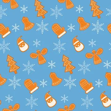 Seamless pattern with gingerbread cookies and snowflakes. Festive design fo.. Stock Illustration