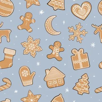 Seamless pattern with gingerbread cookies. Christmas ornament for winter holi Stock Illustration