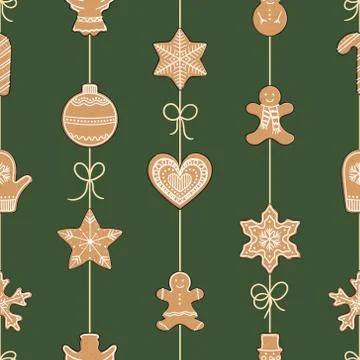 Seamless pattern with gingerbread cookies on a string Stock Illustration