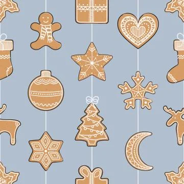 Seamless pattern with gingerbread cookies on a string 스톡 일러스트