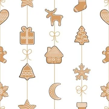 Seamless pattern with gingerbread cookies on a string 스톡 일러스트