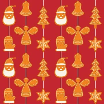 Seamless pattern with gingerbread cookies on a string. Christmas ornament f.. Stock Illustration