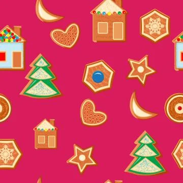 Seamless pattern of gingerbread figures on bright festive background Stock Illustration