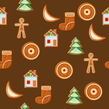 Seamless pattern of gingerbread figures on bright festive background Stock Illustration