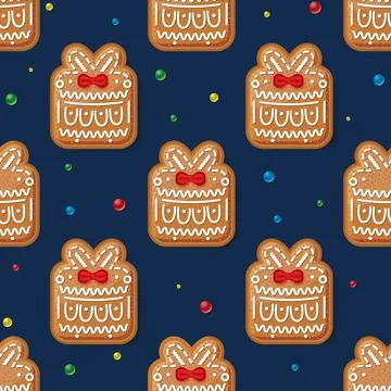 Seamless Pattern with Gingerbread Gift Box on Blue. Christmas Cookie. Stock Illustration