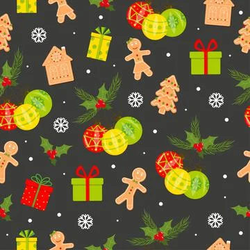 Seamless pattern with gingerbread, gifts boxes Stock Illustration
