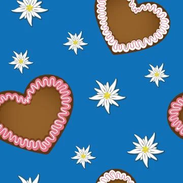 Seamless pattern gingerbread heart and edelweiss flower bavaria design Stock Illustration