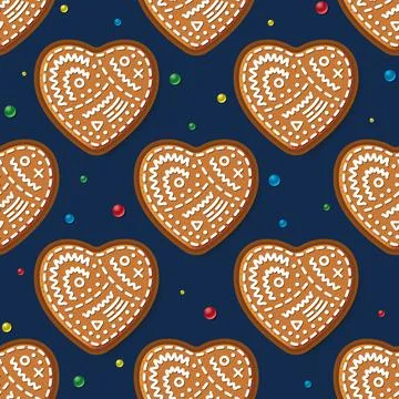 Seamless Pattern with Gingerbread Heart on Blue. Christmas Cookie. 스톡 일러스트