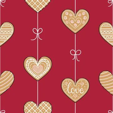 Seamless pattern with gingerbread heart cookies. Happy Valentine's Day. Diffe Stock Illustration