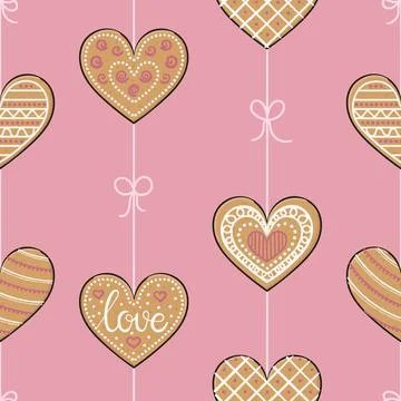 Seamless pattern with gingerbread heart cookies. Happy Valentine's Day. Diffe Stock Illustration