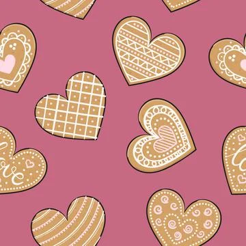 Seamless pattern with gingerbread heart cookies. Happy Valentine's Day. Diffe Stock Illustration