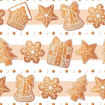 Seamless pattern with gingerbread house, gift, snowflake, fir tree. Suitabl.. Illustrazione stock