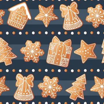 Seamless pattern with gingerbread house, gift, snowflake, fir tree. Suitabl.. Stock Illustration