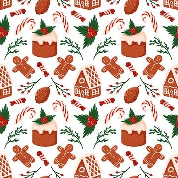 Seamless pattern with gingerbread house, man, cake, candy cane, pine cones and Illustrazione stock