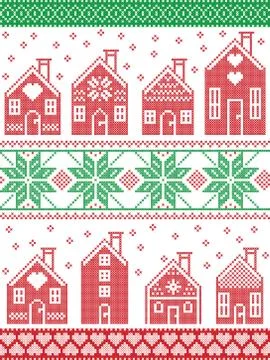 Seamless pattern with gingerbread house in red green and white Stock Illustration
