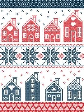 Seamless pattern with gingerbread house in red blue and white Stock Illustration