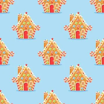 Seamless pattern with gingerbread house shaped gingerbread cookies with dec.. Stock Illustration