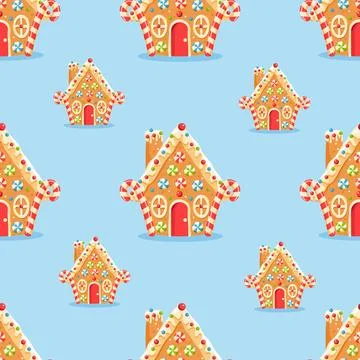 Seamless pattern with gingerbread house shaped gingerbread cookies with dec.. Illustrazione stock