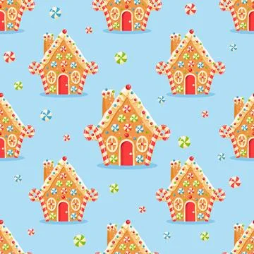 Seamless pattern with gingerbread house shaped gingerbread cookies with dec.. Stock Illustration