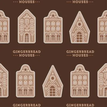 Seamless pattern with gingerbread houses on brown Illustrazione stock