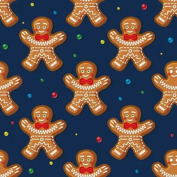 Seamless Pattern with Gingerbread Man on Blue. Christmas Cookie. Illustrazione stock