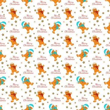 Seamless pattern from gingerbread man cookies and inscription merry Christmas Stock-Illustration