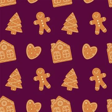 Seamless pattern with Gingerbread man, house and Christmas tree Stock Illustration