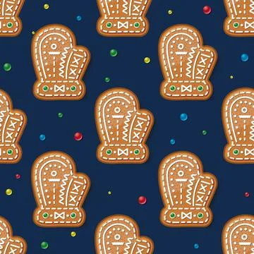 Seamless Pattern with Gingerbread Mitten on Blue. Christmas Cookie. 스톡 일러스트