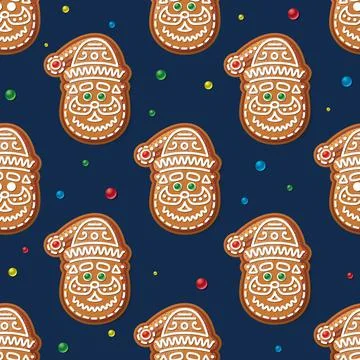 Seamless Pattern with Gingerbread Santa Claus on Blue. Christmas Cookie. 스톡 일러스트