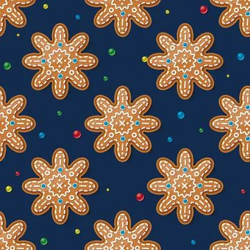 Seamless Pattern with Gingerbread Snowflakes on Blue. Christmas Cookie. 스톡 일러스트