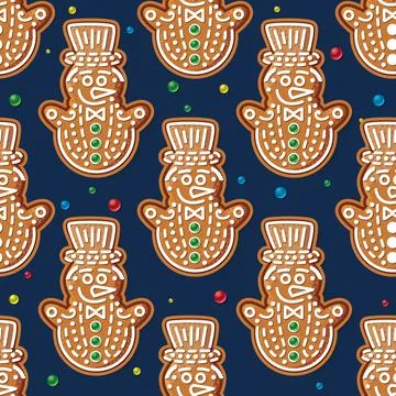 Seamless Pattern with Gingerbread Snowman on Blue. Christmas Cookie. Stock Illustration