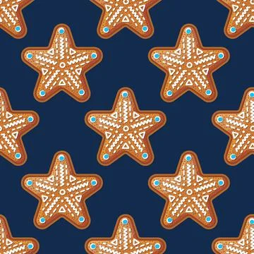 Seamless Pattern with Gingerbread Star on Blue. Christmas Cookie. Stock Illustration