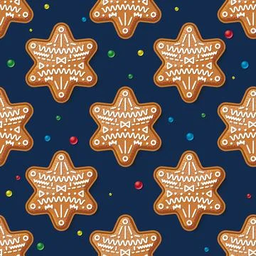 Seamless Pattern with Gingerbread Star on Blue. Christmas Cookie. Illustrazione stock