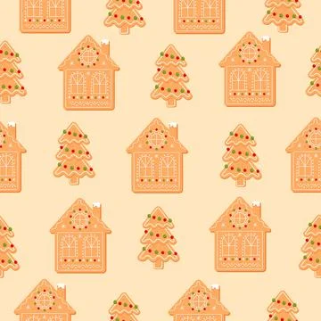 Seamless pattern with gingerbread tree and house. Stock Illustration
