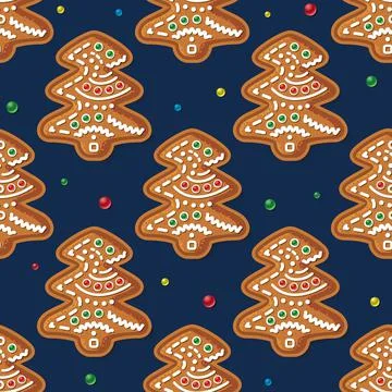 Seamless Pattern with Gingerbread Tree on Blue. Christmas Cookie. 스톡 일러스트