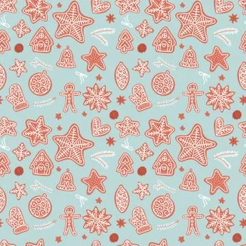 Seamless pattern. Gingerbread Xmas different cookies backdrop on the light blue Illustrazione stock
