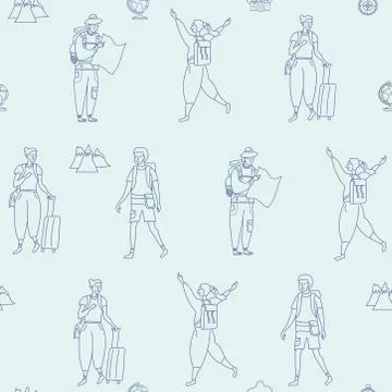Seamless pattern. Girl and guy are tourists. Mountains, maps, a suitcase on a 스톡 일러스트