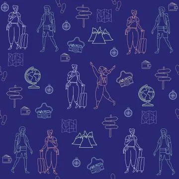 Seamless pattern. girl and guy tourists. Mountains, maps, camera, globe on a 스톡 일러스트