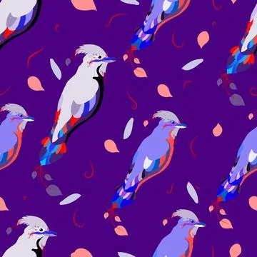 Seamless pattern for a girl. Beautiful colored birds on a lilac background. F Stock Illustration