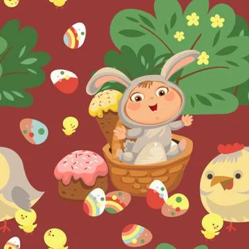 Seamless pattern girl or boy hunting decorative chocolate egg, happy baby sit in Stock Illustration