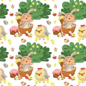 Seamless pattern girl or boy hunting decorative chocolate egg, happy baby sit in Stock Illustration