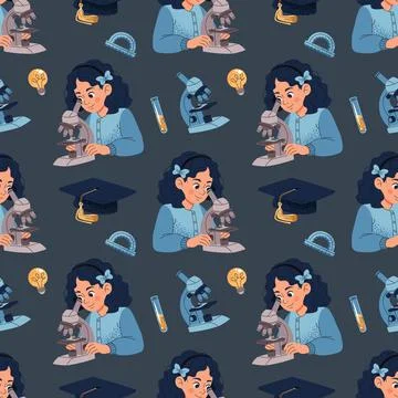 Seamless Pattern with Girl Using Microscope and Academic Cap. Science and Stock Illustration