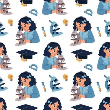 Seamless Pattern with Girl Using Microscope and Academic Cap. Science and 库存插图