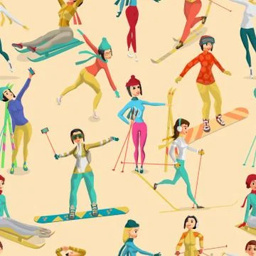 Seamless pattern Girls engaged in winter sports. Cartoon style v Stock-Illustration