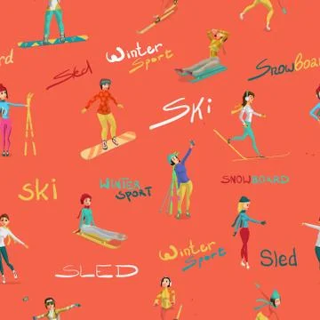 Seamless pattern Girls engaged in winter sports. Cartoon style v Stock Illustration