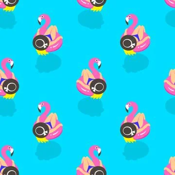 Seamless pattern with girls on an inflatable pink flamingo in summer of swims Stock Illustration