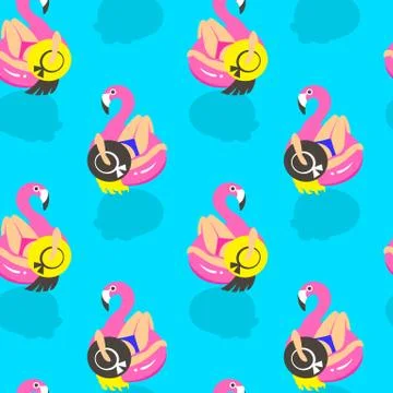 Seamless pattern with girls on an inflatable pink flamingo in summer of swims 스톡 일러스트