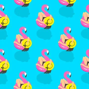 Seamless pattern with girls on an inflatable pink flamingo in summer of swims Stock Illustration